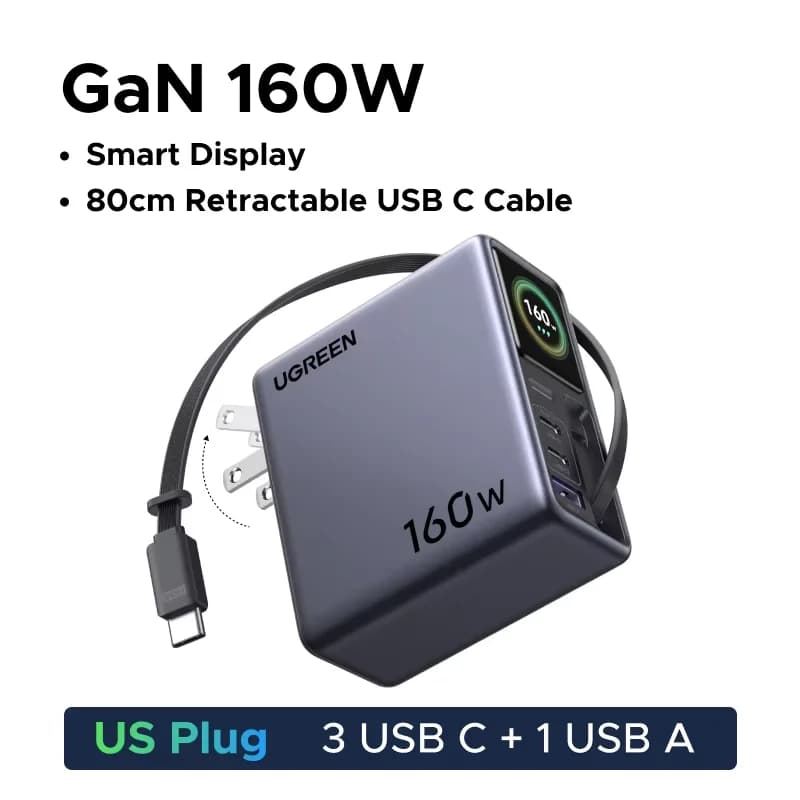 Caricatore GaN 160W con cavo retrattile e display