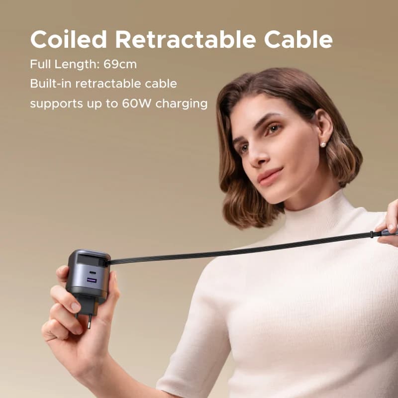 Caricatore GaN 65W con cavo USB-C retrattile