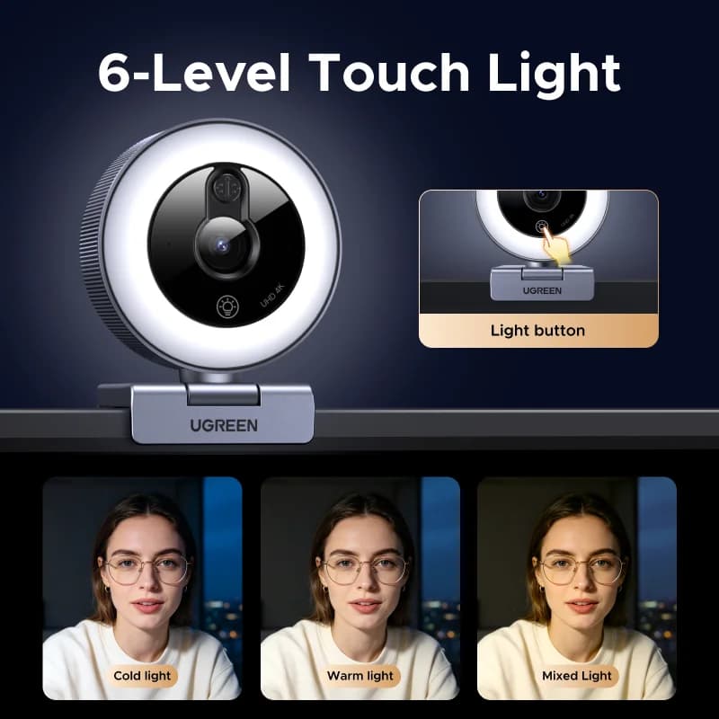 Webcam USB 4K con luce ad anello touch e cover privacy