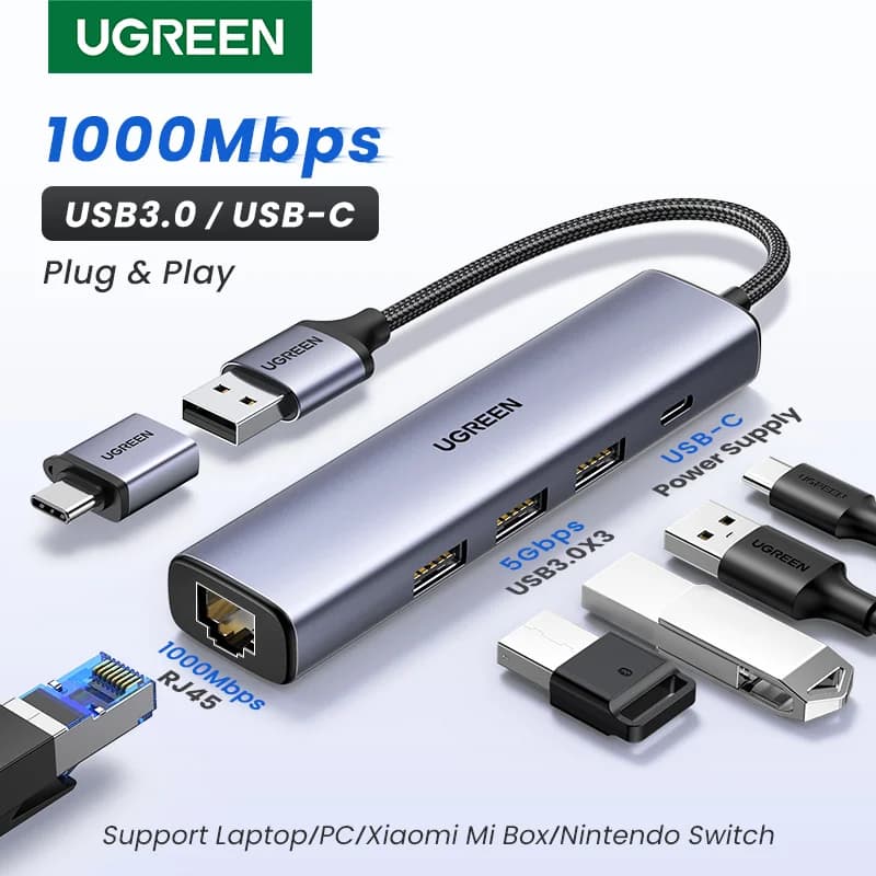 Adattatore Ethernet USB-C con RJ45 1000Mbps e Hub USB