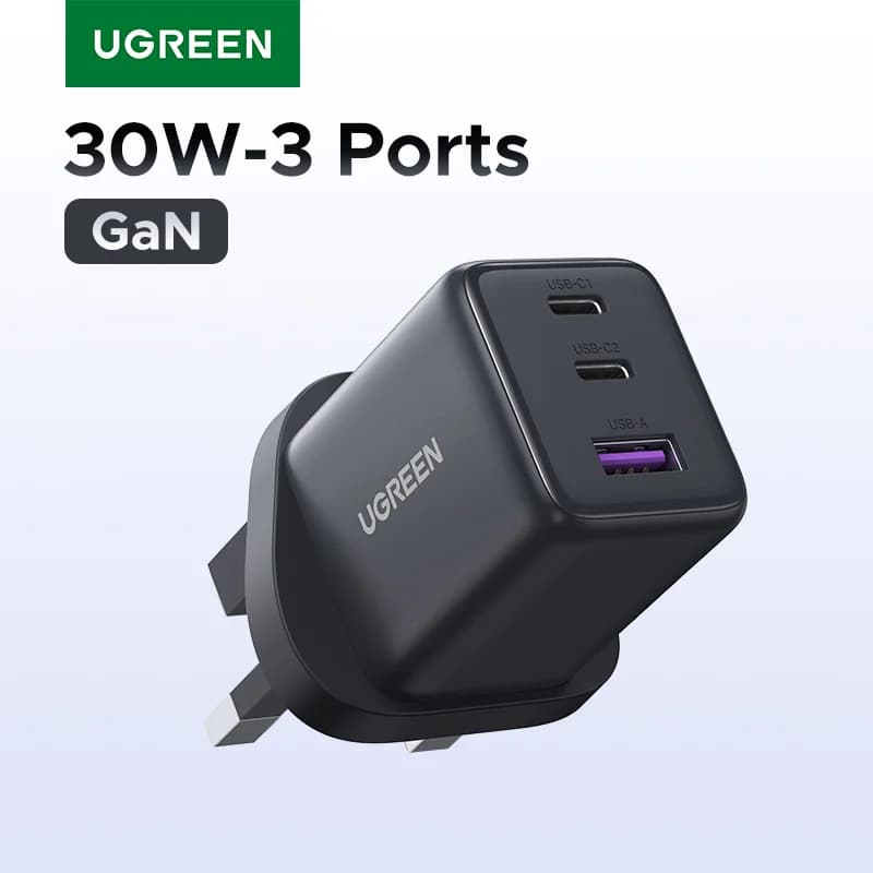 Caricabatterie rapido GaN mini USB-C da 30W con presa UK