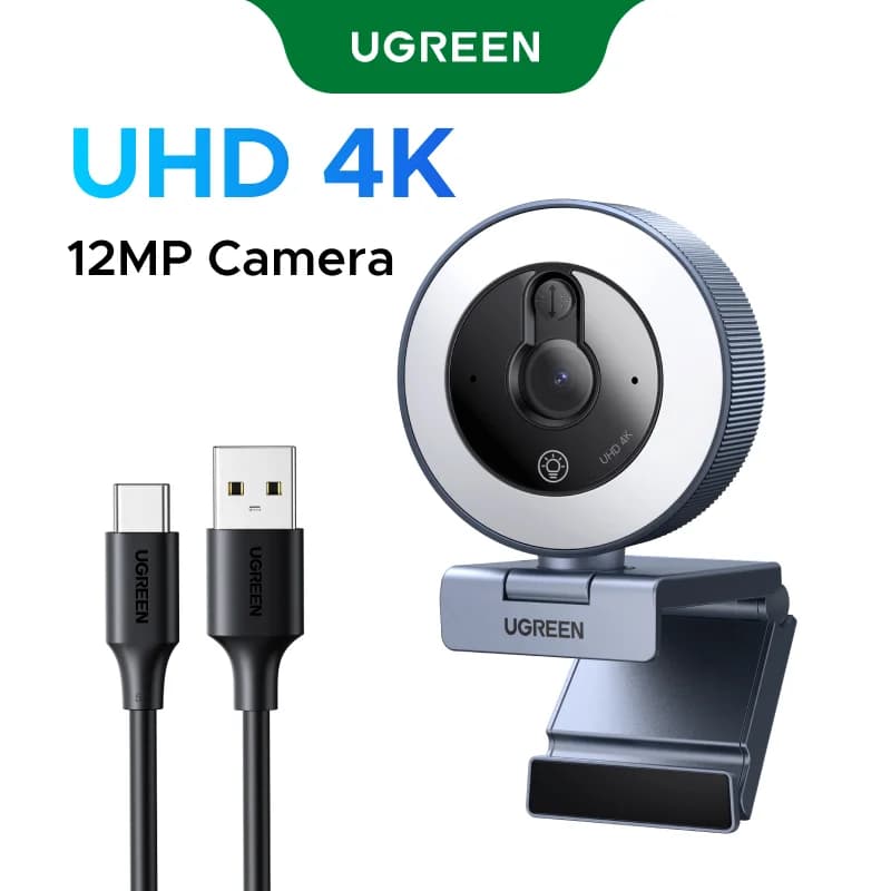 Webcam USB 4K con luce ad anello touch e cover privacy
