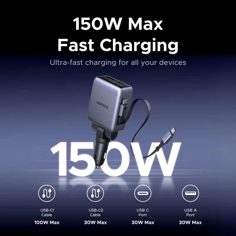 Caricabatterie Auto 150W con Cavi Retrattili