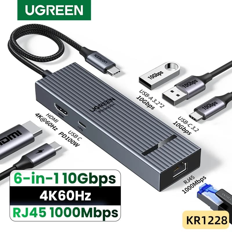 Hub USB-C 6-in-1, HDMI 4K, Ethernet Gigabit, PD 100W